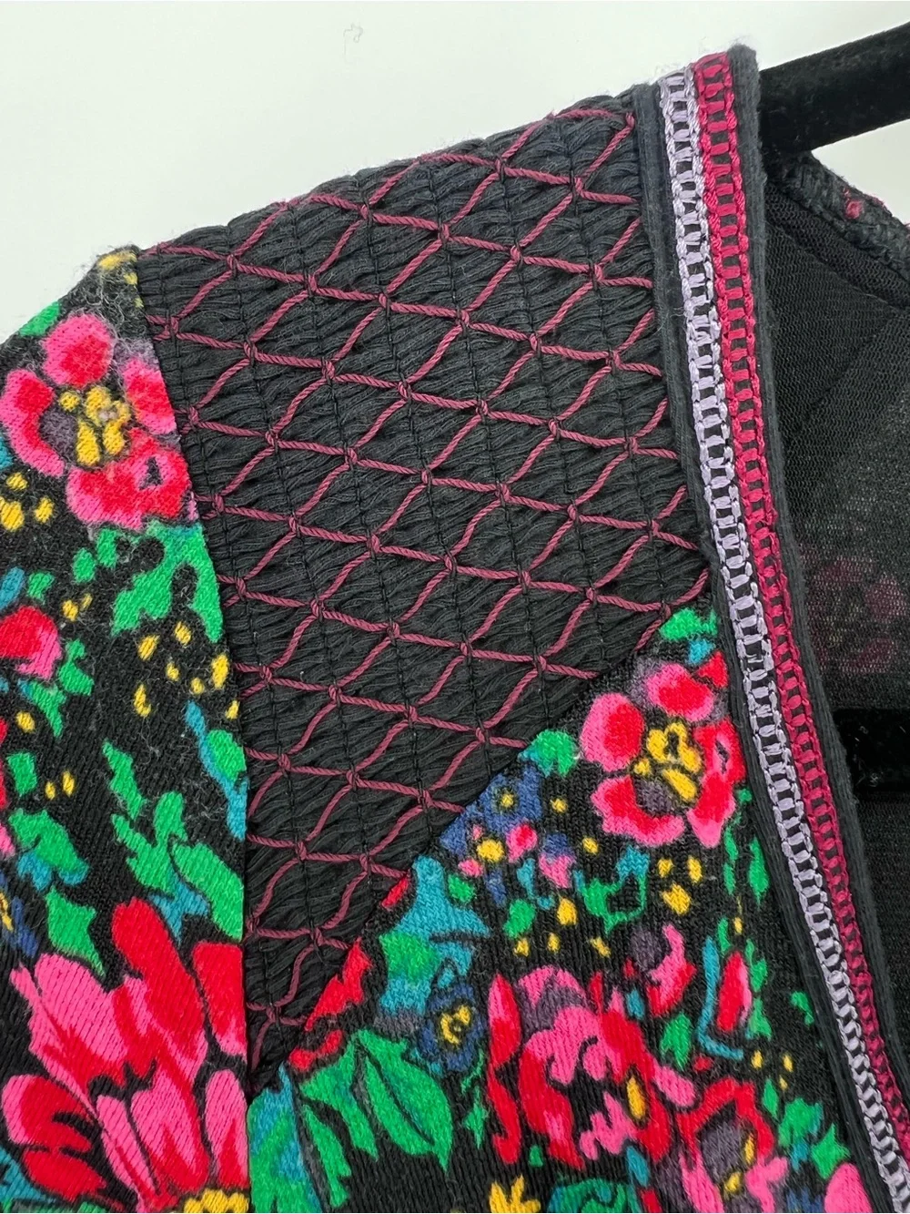 Free People Dark Floral Boho Knit Dress Sz S Black Pink Folk Dopamine Colorful